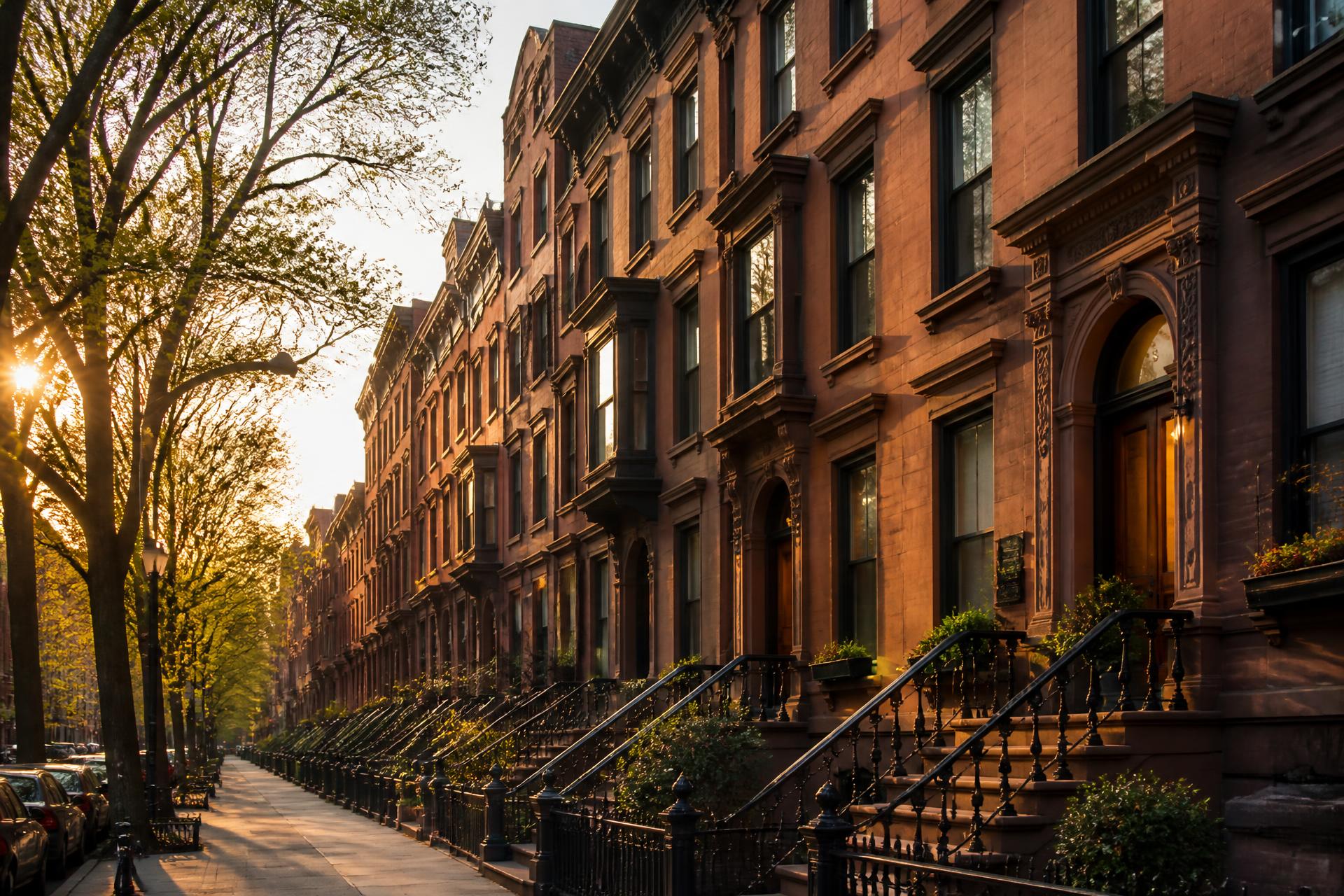 Restored New York City brownstones at golden hour